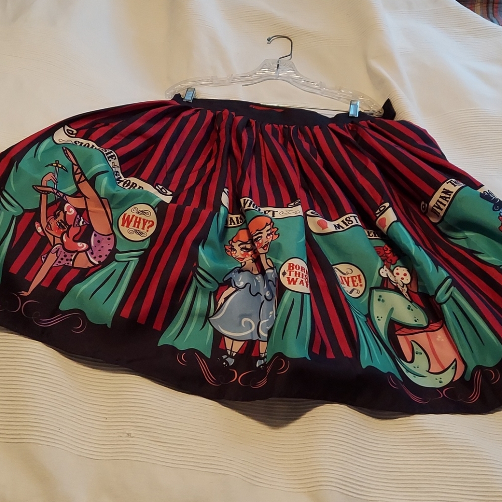 Vintage-Inspired Red & Teal Circle Skirt with Novelty Print